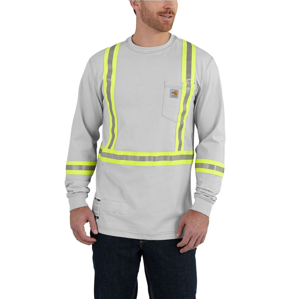 Carhartt Men's Light Grey Flame-Resistant Striped Force Cotton Long Sleeve T-Shirt