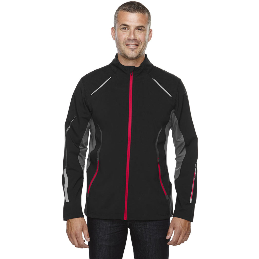 North End Men's Black/Olympic Red Soft Shell Jacket with Laser Perforation