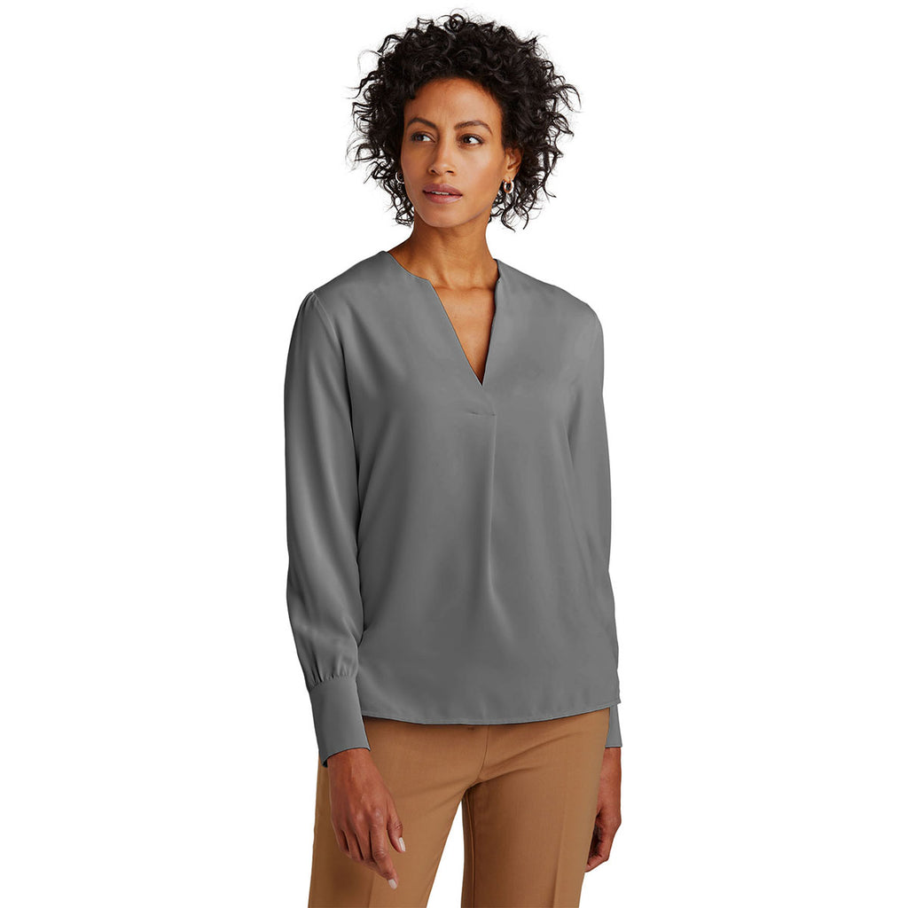 Brooks Brothers Women's Shadow Grey Open Neck Satin Blouse