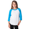 American Apparel Youth White/Neon Heather Blue Poly-Cotton 3/4 Sleeve Raglan