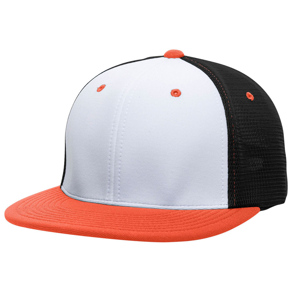 Pacific Headwear White/Black/Orange Premium M2 Performance Trucker FlexFit Cap