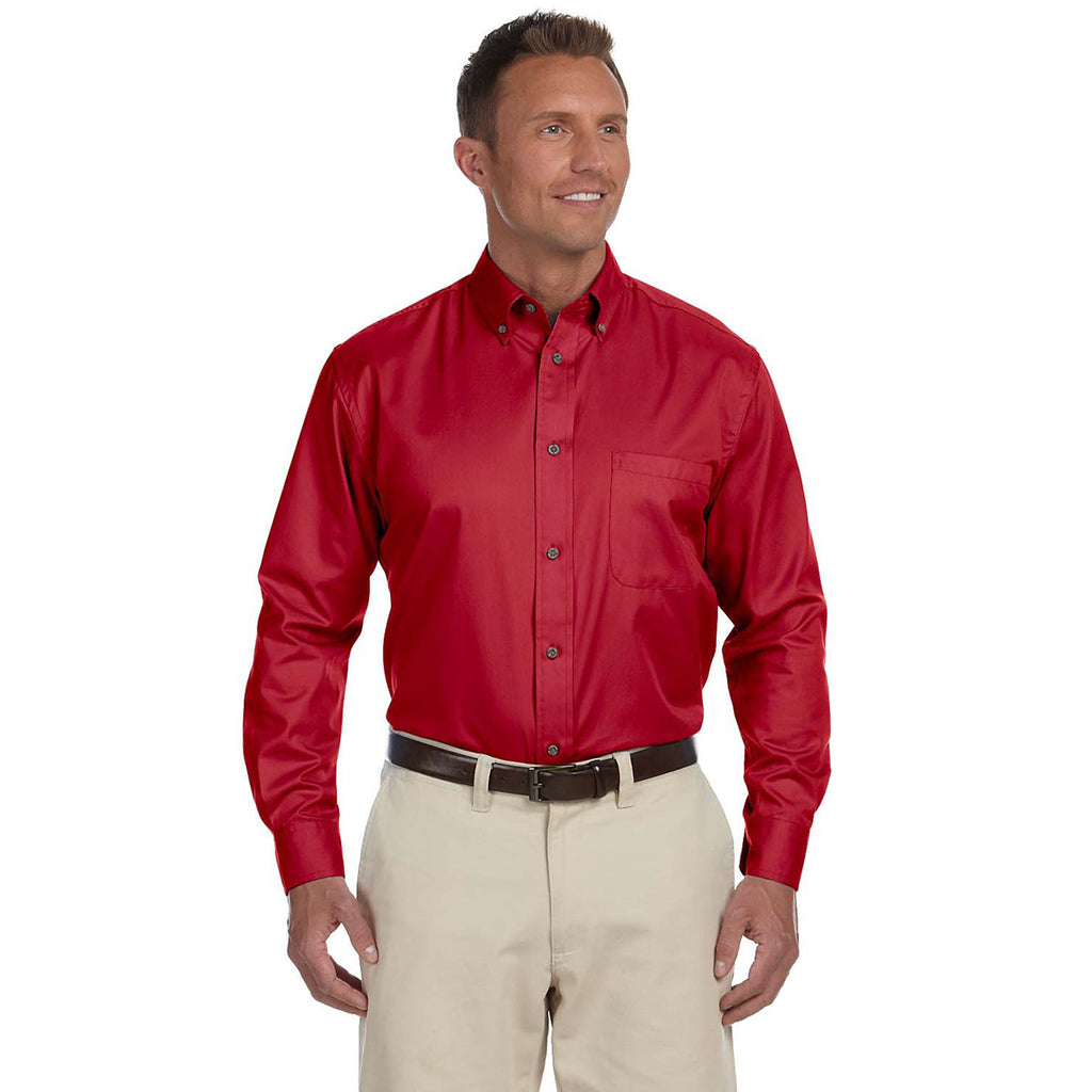 Harriton Men's Red Easy Blend Long-Sleeve Twill Shirt with Stain-Release