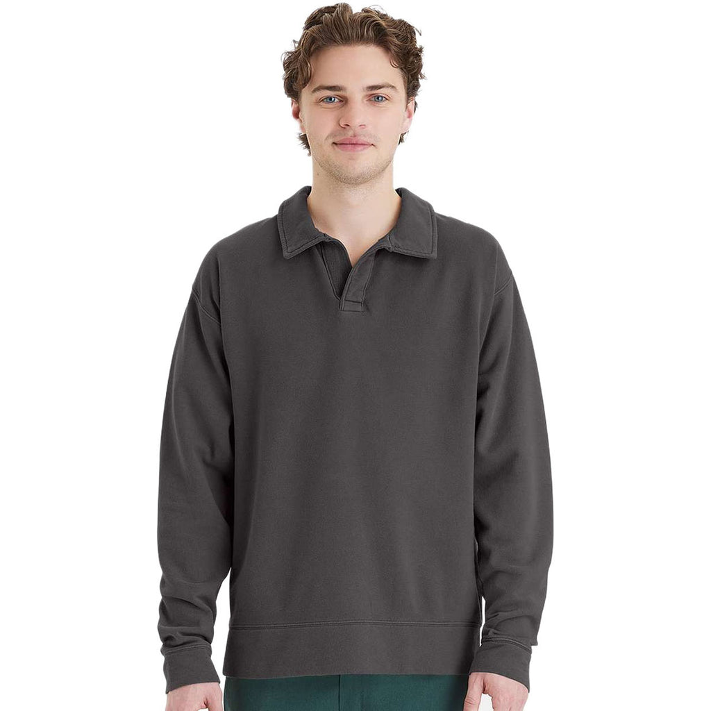 ComfortWash by Hanes Men's New Railroad Grey Garment-Dyed Polo Collar Sweatshirt