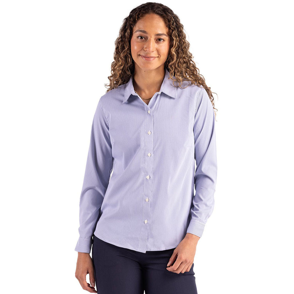 Cutter & Buck Women's Tour Blue/White Skyline Epic Confidence Recycled Pinstripe Long Sleeve Dress Shirt