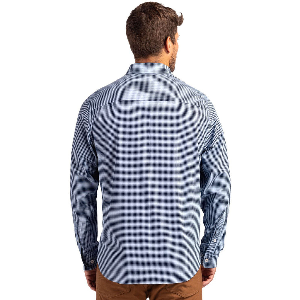 Cutter & Buck Men's Pale Blue/Navy Blue Skyline Epic Confidence Recycled Gingham Long Sleeve Dress Shirt