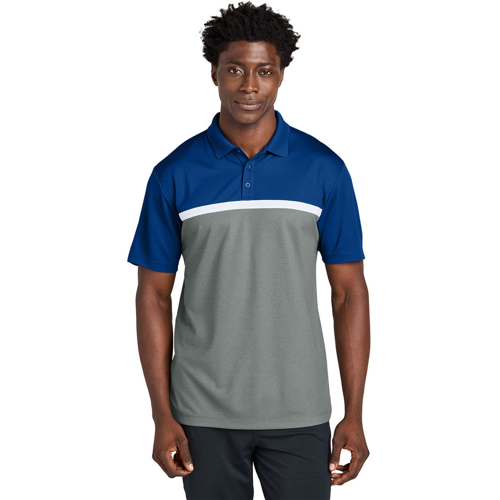 Sport-Tek Men's True Royal/Grey Concrete Heather/White UV Micropique Colorblock Polo