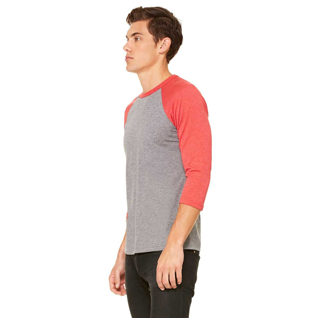 Bella + Canvas Unisex Grey/Light Red Triblend 3/4 Sleeve Baseball T-Shirt