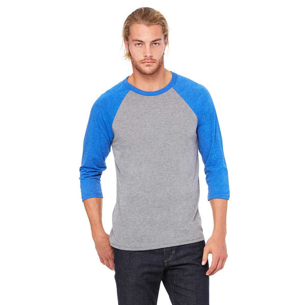 Bella + Canvas Unisex Grey/True Royal Triblend 3/4 Sleeve Baseball T-S