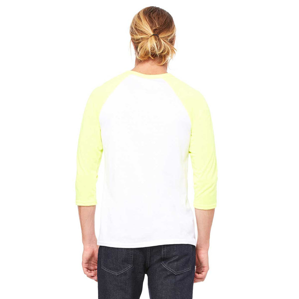 Bella + Canvas Unisex White/Neon Yellow 3/4 Sleeve Baseball T-Shirt
