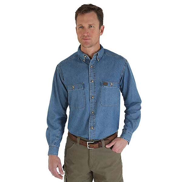 Wrangler Men's Antique Riggs Workwear Long Sleeve Button Down Solid Denim Work Shirt