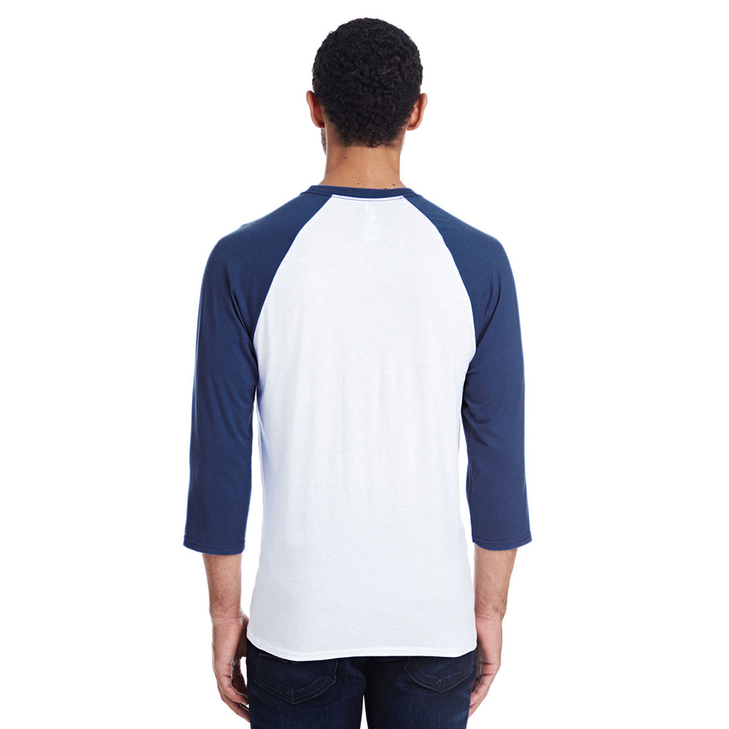 Hanes Men's White/Navy 4.5 oz. 60/40 Ringspun Cotton/Polyester X-Temp Baseball T-Shirt