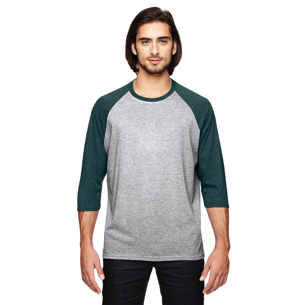 Anvil Men's Heather Grey/Heather Dark Green Triblend 3/4-Sleeve Raglan