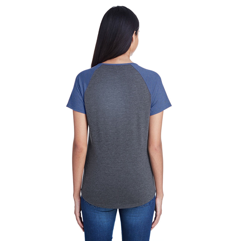 Anvil Women's Heather Grey/Heather Blue Tri-Blend Raglan T-Shirt