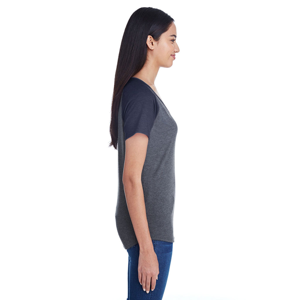 Anvil Women's Heather Grey/Heather Navy Tri-Blend Raglan T-Shirt