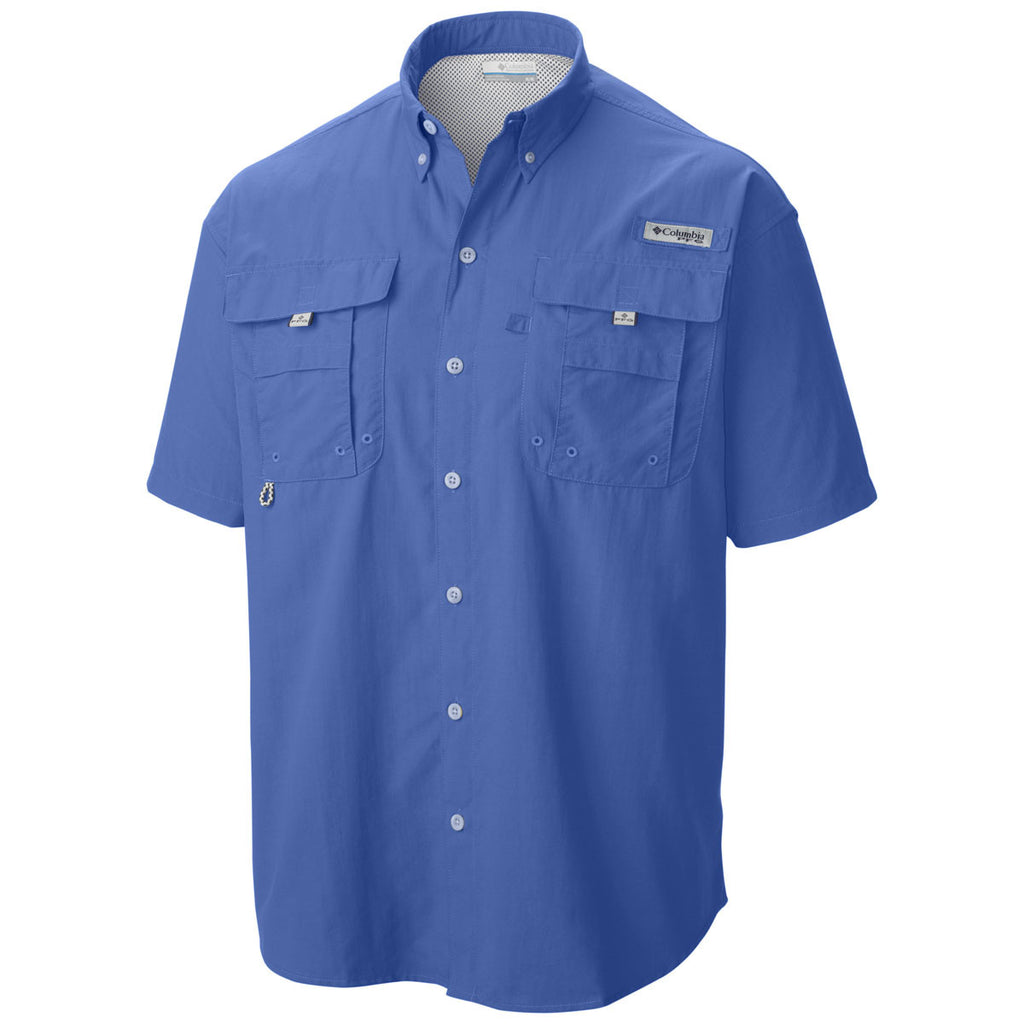 COLUMBIA Mens Medium PFG Performance Fishing Gear Logo Shortsleeve Blue  Shirt