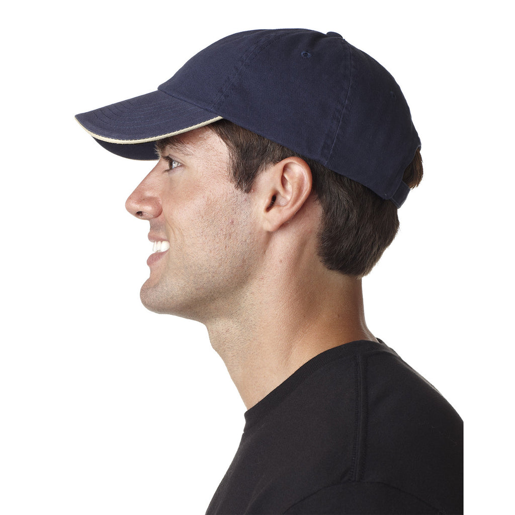 UltraClub Men's Navy/Stone Classic Cut Brushed Cotton Twill Unstructured Sandwich Cap