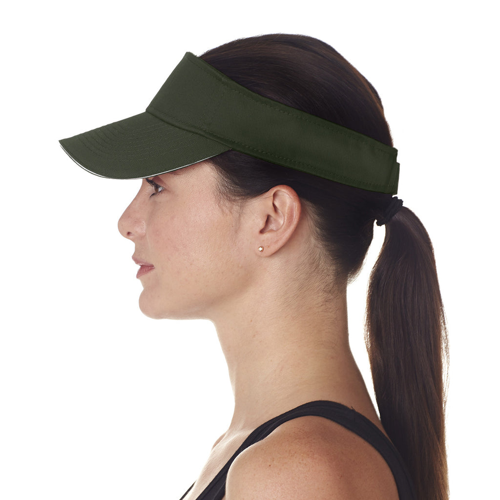 UltraClub Women's Forest Green/White Classic Cut Brushed Cotton Twill Sandwich Visor