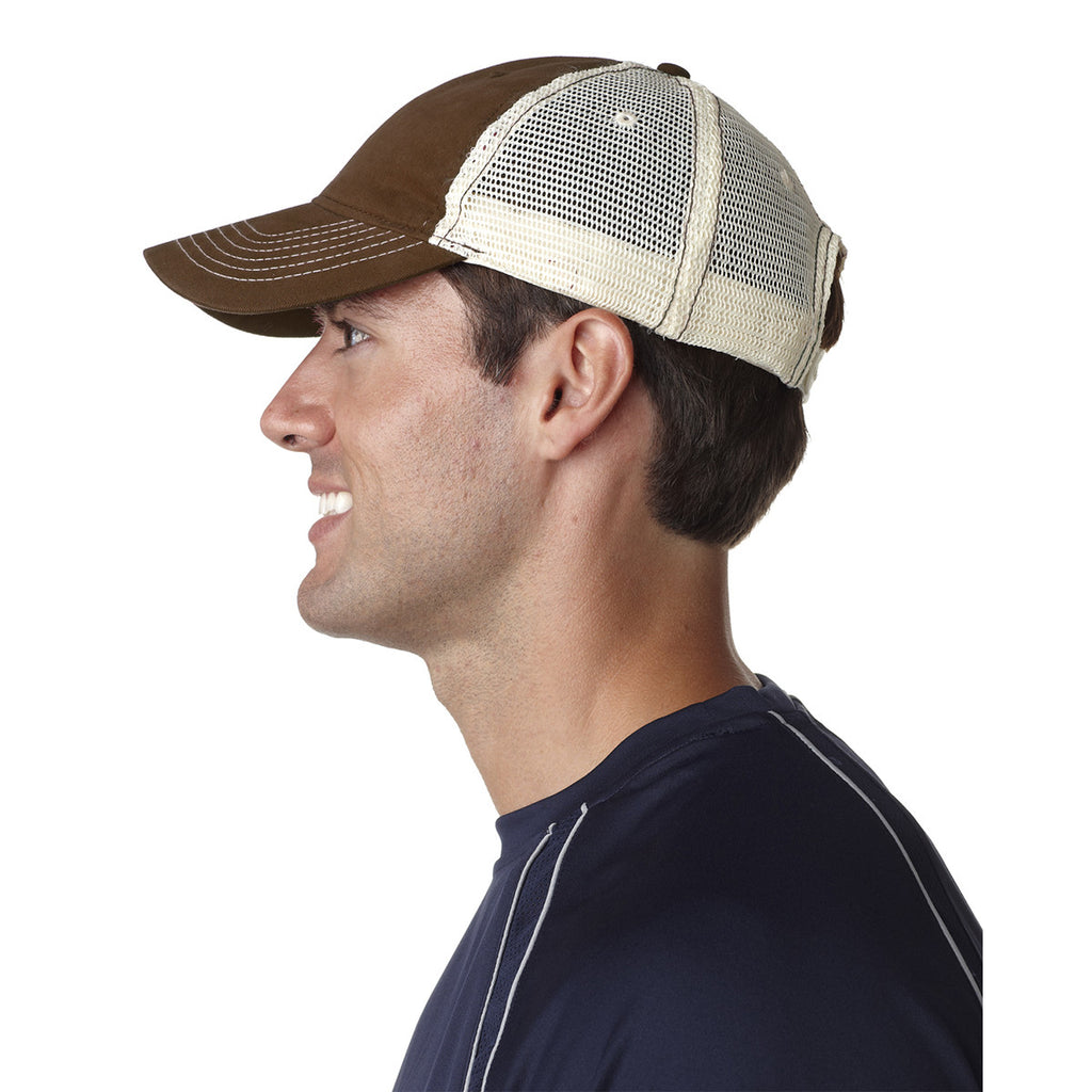 UltraClub Men's Brown/Stone Classic Cut Brushed Cotton Twill Unstructured Trucker Cap