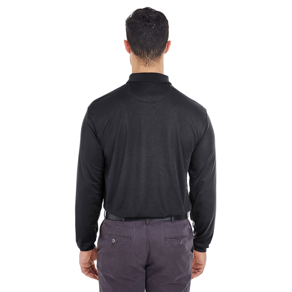 UltraClub Men's Black Cool & Dry Long-Sleeve Mesh Pique Polo