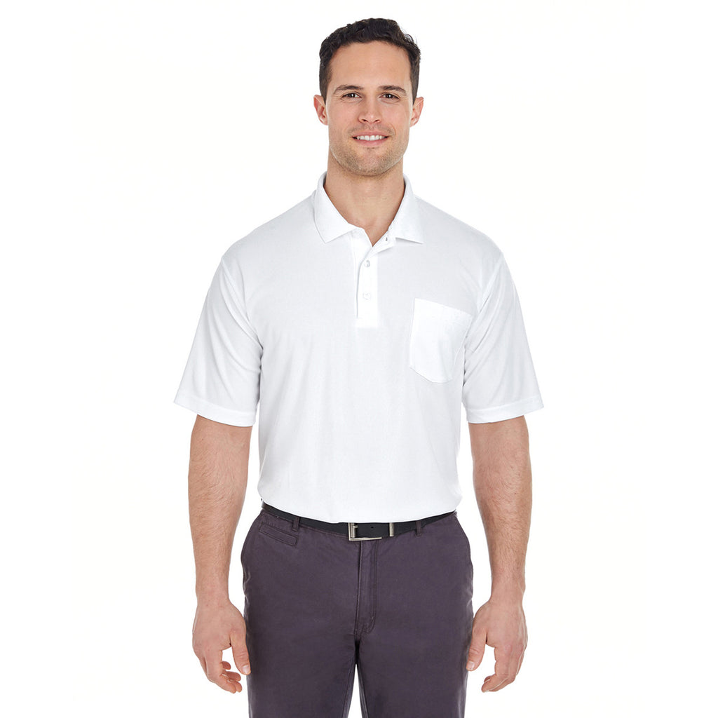 UltraClub Men's White Cool & Dry Mesh Pique Polo with Pocket