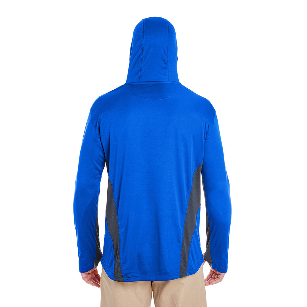 UltraClub Men's Kyanos Blue/Charcoal Cool & Dry Sport Hooded Pullover