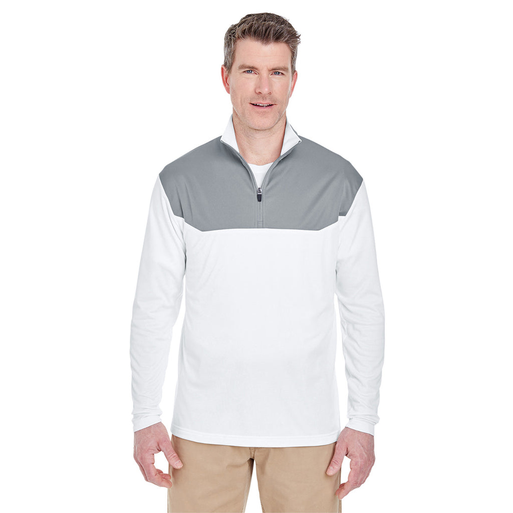 UltraClub Men's White/Silver Cool & Dry Sport Colorblock Quarter-Zip Pullover