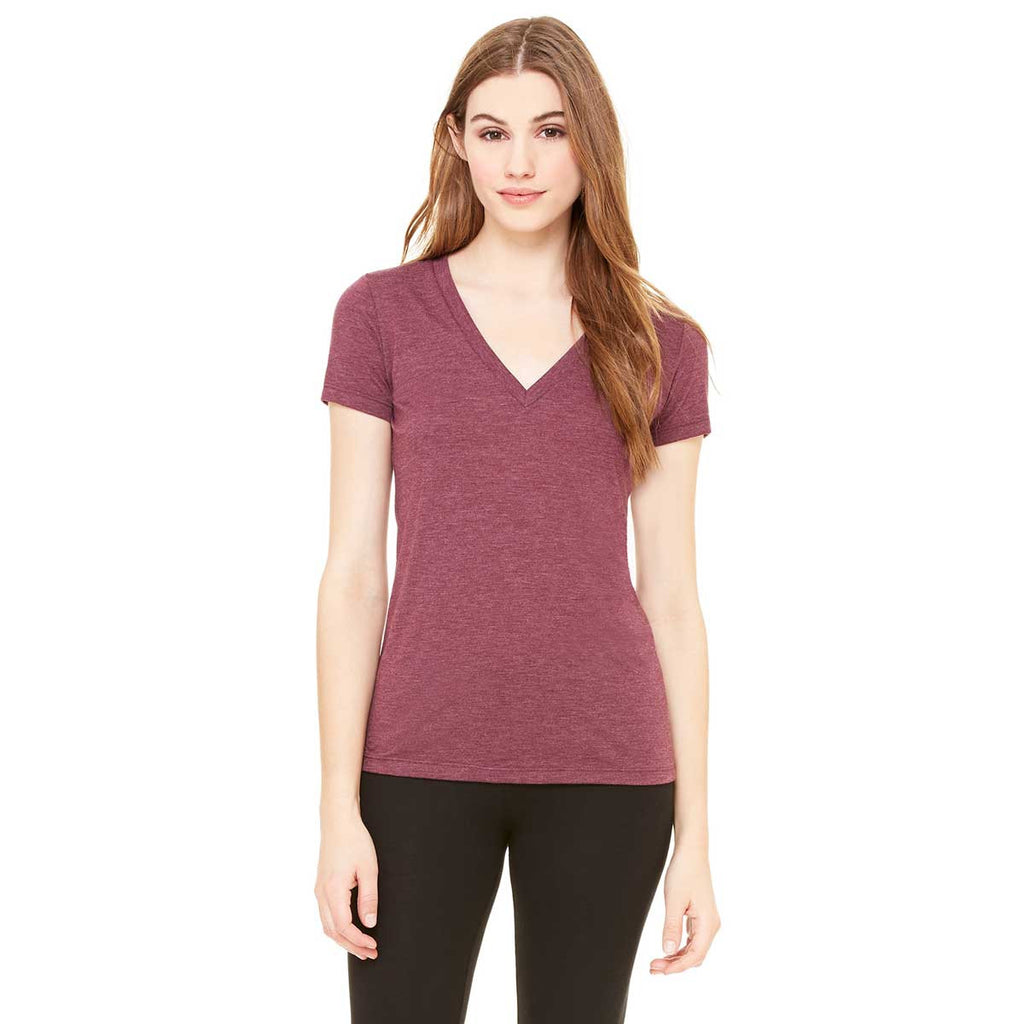 Bella + Canvas Women's Maroon Triblend Short-Sleeve Deep V-Neck T-Shir