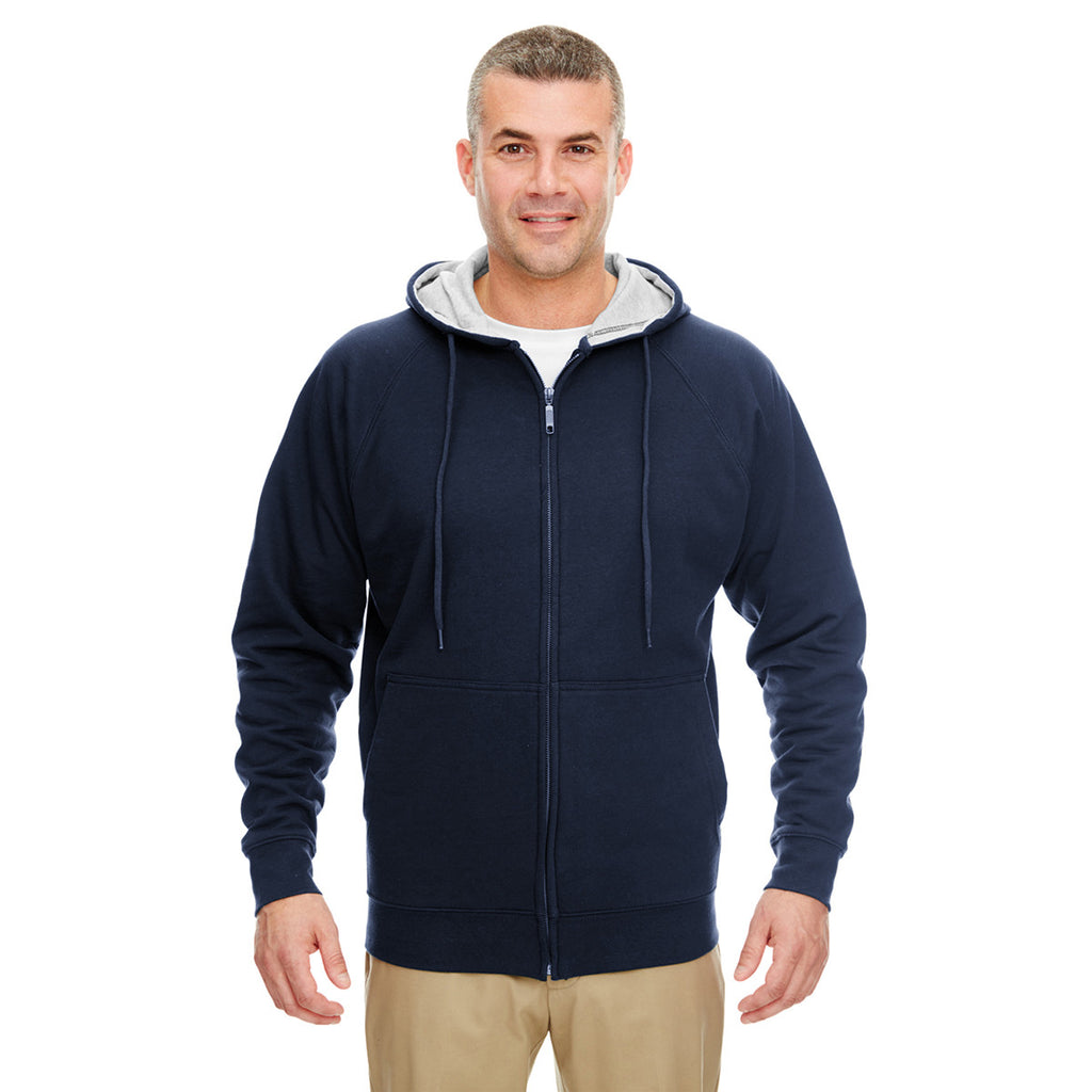 UltraClub Men's Navy/Heather Grey Rugged Wear Thermal-Lined Full-Zip Hooded Fleece