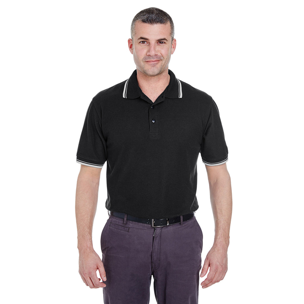 UltraClub Men's Black/White Short-Sleeve Whisper Pique Polo with Tipped Collar and Cuffs