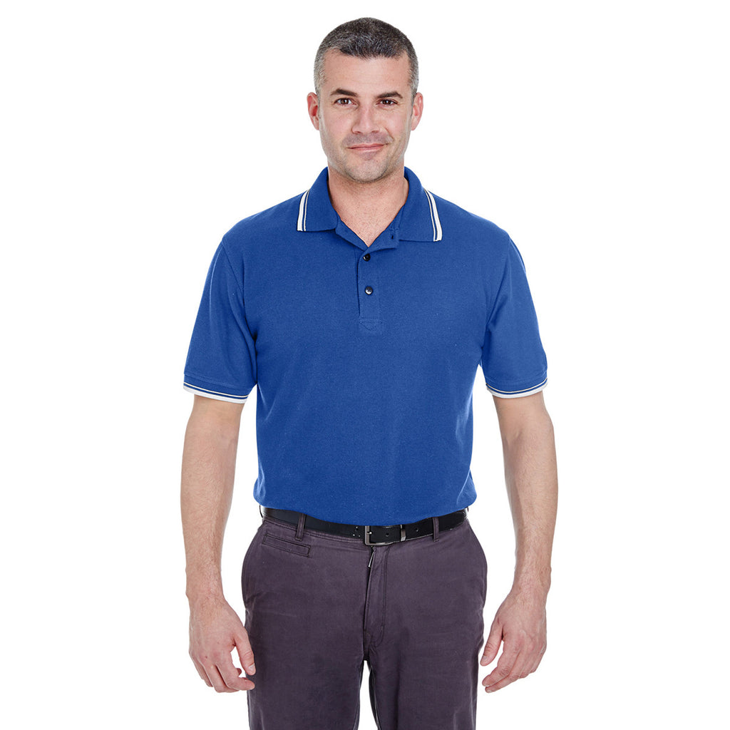 UltraClub Men's Royal/White Short-Sleeve Whisper Pique Polo with Tipped Collar and Cuffs