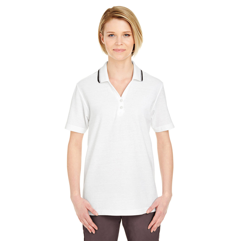 UltraClub Women's White/Black Short-Sleeve Whisper Pique Polo with Tipped Collar