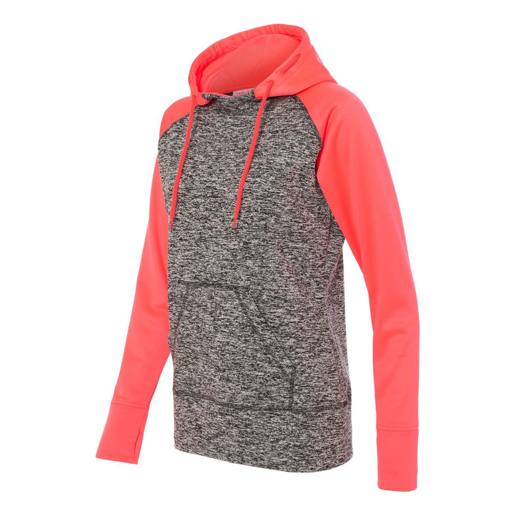 J. America Women's Charcoal Fleck/Fire Coral Colorblock Cosmic Fleece Hooded Pullover Sweatshirt