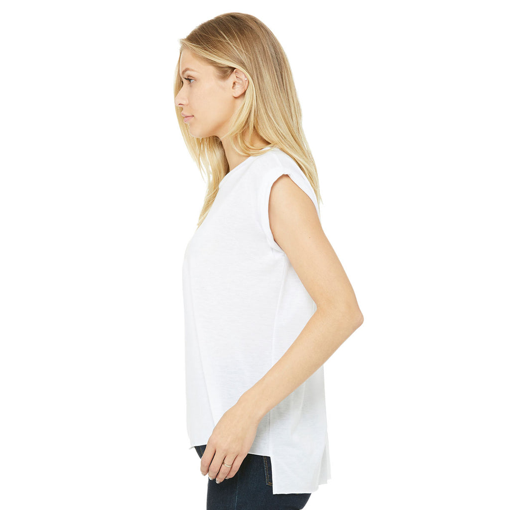 Bella + Canvas Women's White Flowy T-Shirt with Rolled Cuff