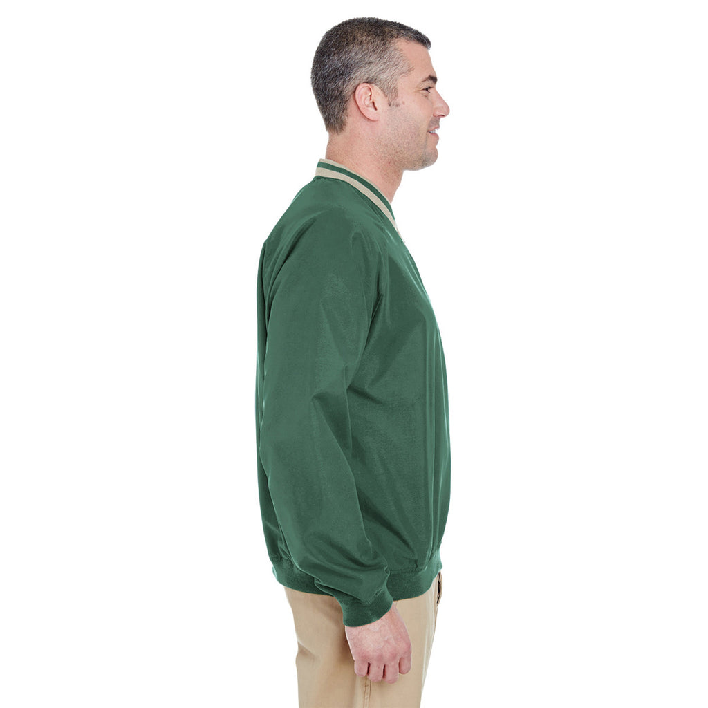 UltraClub Men's Forest Green/Tan Long-Sleeve Microfiber Crossover V-Neck Windshirt