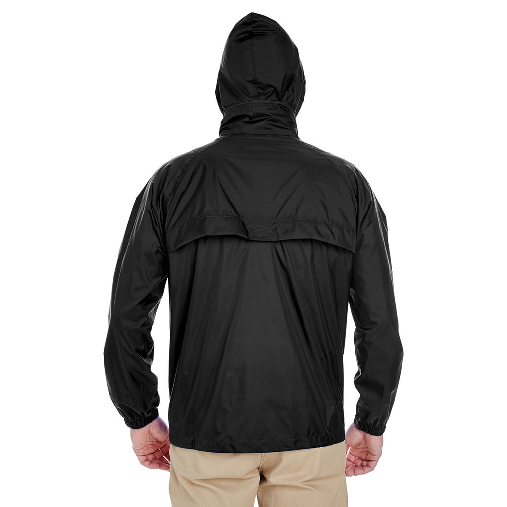 UltraClub Men's Black Full-Zip Hooded Pack-Away Jacket
