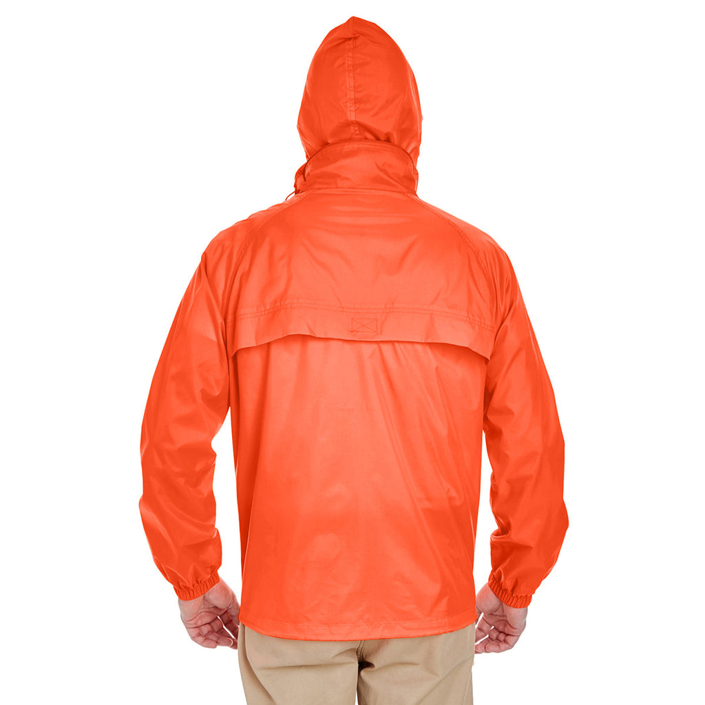 UltraClub Men's Bright Orange Full-Zip Hooded Pack-Away Jacket