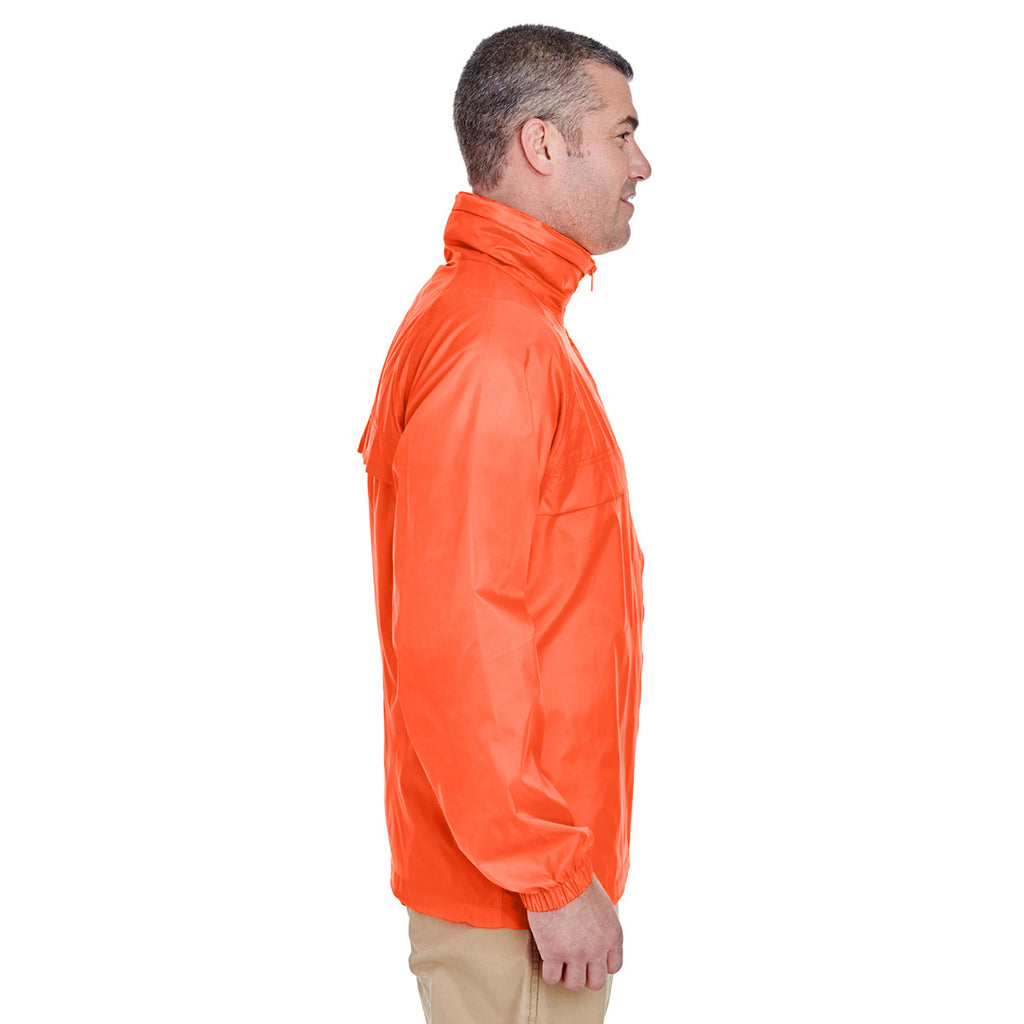 UltraClub Men's Bright Orange Full-Zip Hooded Pack-Away Jacket