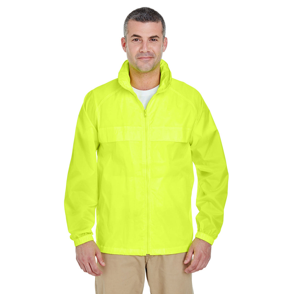 UltraClub Men's Bright Yellow Full-Zip Hooded Pack-Away Jacket
