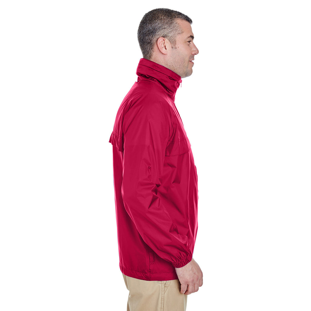 UltraClub Men's Red Full-Zip Hooded Pack-Away Jacket