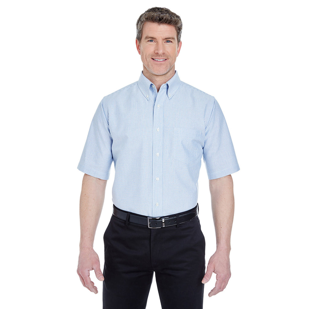 UltraClub Men's Blue/White Classic Wrinkle-Resistant Short-Sleeve Oxfo