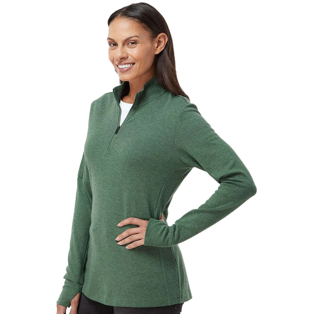 adidas Women's Green Oxide Melange 3-Stripes Quarter Zip Pullover