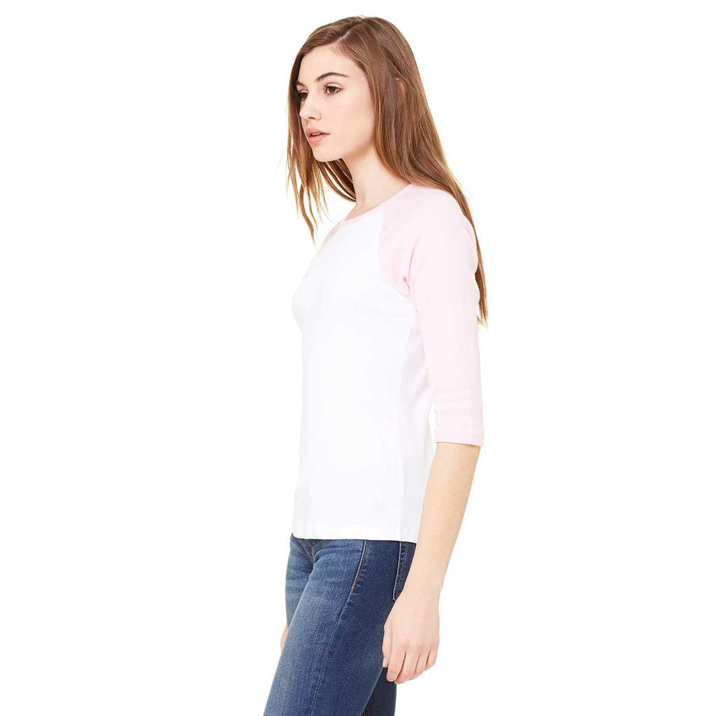Bella + Canvas Women's White/Pink Stretch Rib 3/4-Sleeve Contrast Raglan T-Shirt