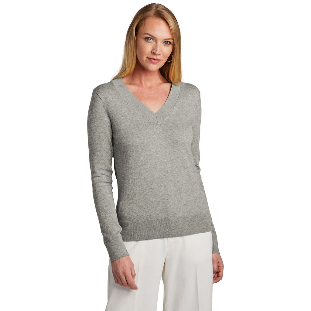 Brooks Brothers Women's Light Shadow Grey Heather Cotton Stretch V-Neck Sweater