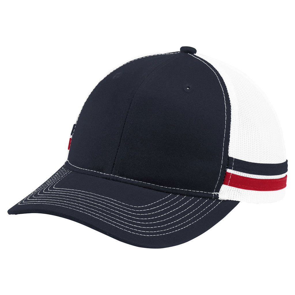 Port Authority Rich Navy/Flame Red/White Two-Stripe Snapback Trucker Cap