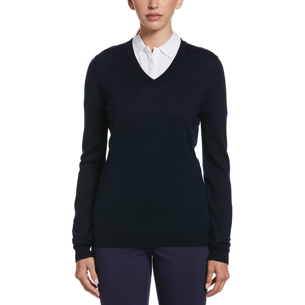 Callaway Women's Navy Blue Merino Wool Blend V-Neck Sweater
