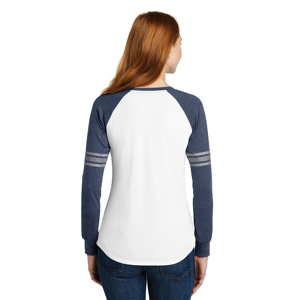 District Women's White/Heathered Navy/Silver Game Long Sleeve V-Neck Tee