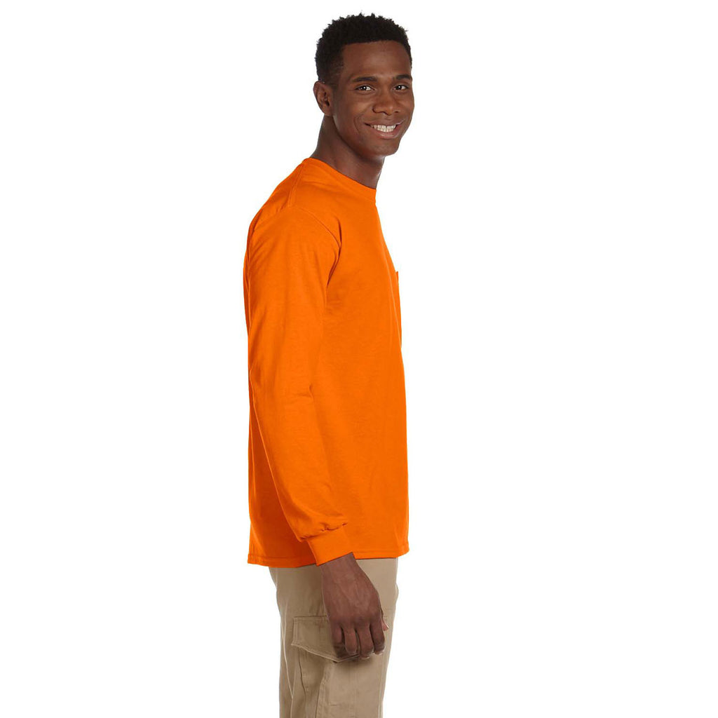 Gildan Men's S Orange Ultra Cotton 6 oz. Long-Sleeve Pocket T-Shirt