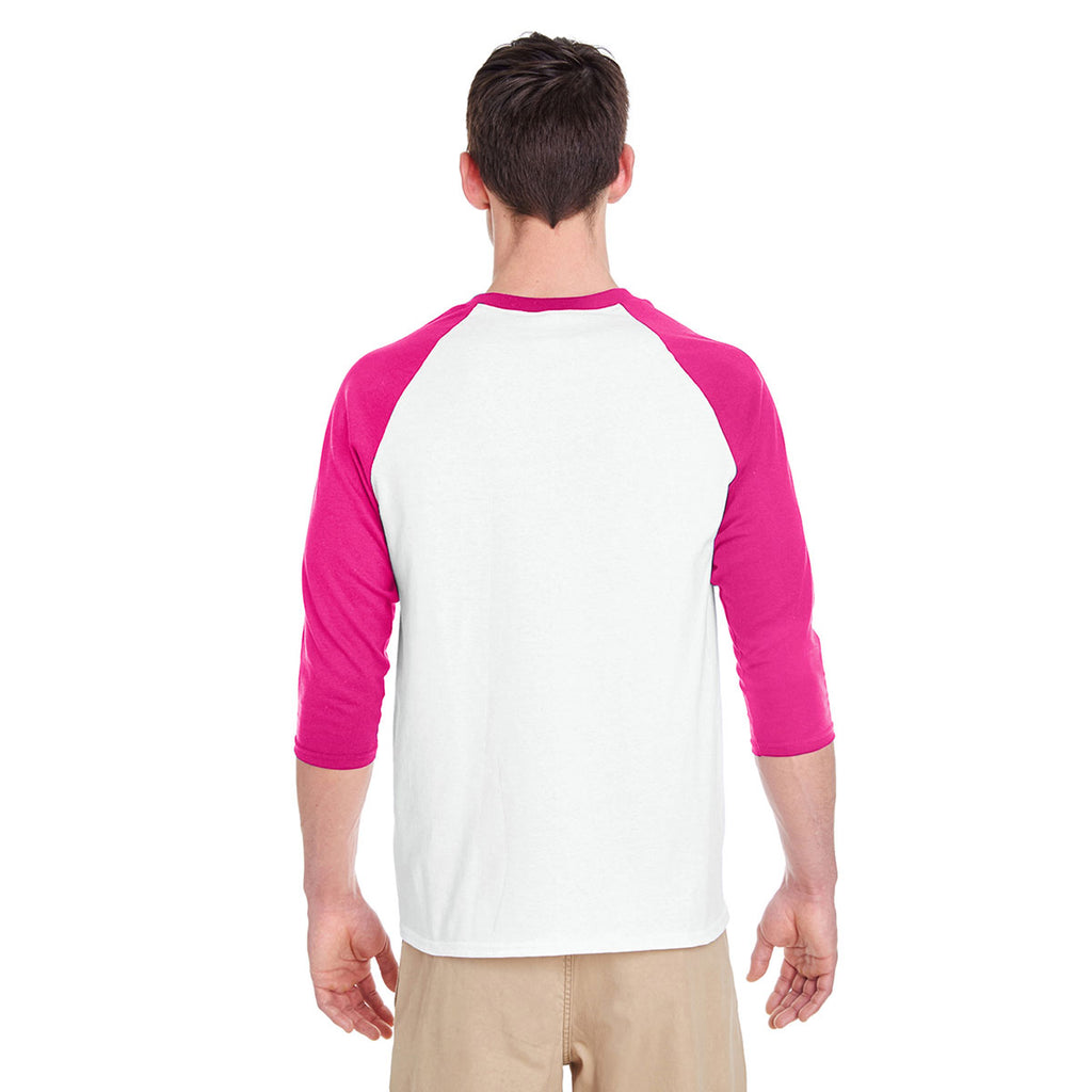 Gildan Unisex White/Heliconia 5.3 oz. 3/4-Raglan Sleeve T-Shirt