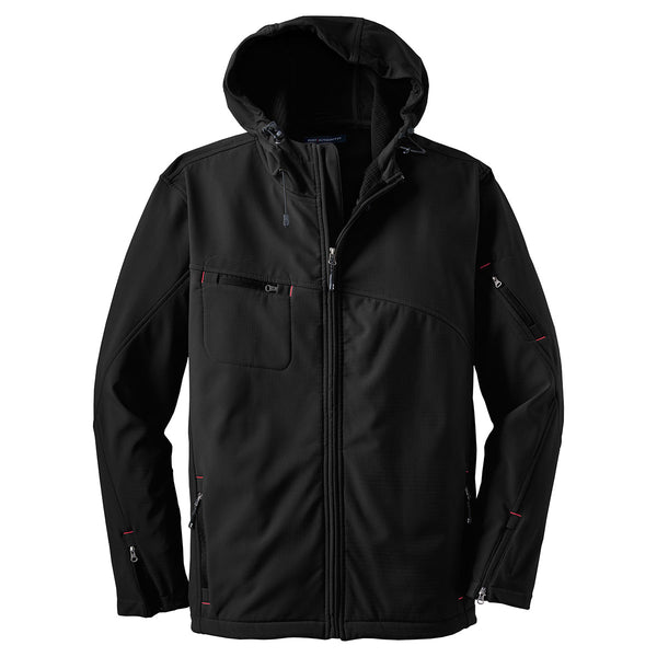 Port Authority Men's Black/Engine Red Textured Hooded Soft Shell Jacke