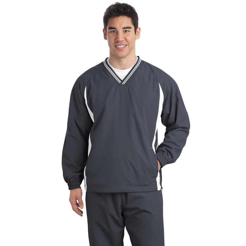Sport-Tek Men's Graphite Grey/ White Tipped V-Neck Raglan Wind Shirt